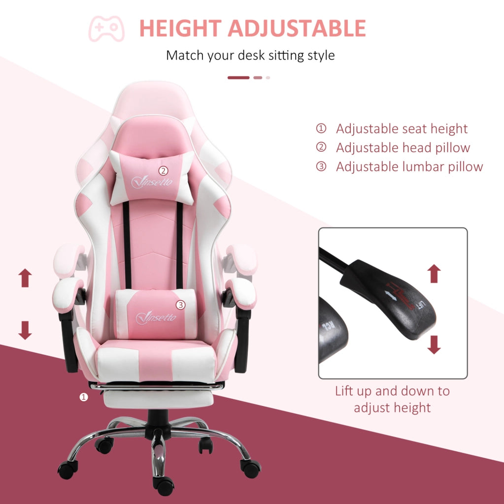 Sedia da ufficio gaming ergonomica rosa e bianca con poggiapiedi