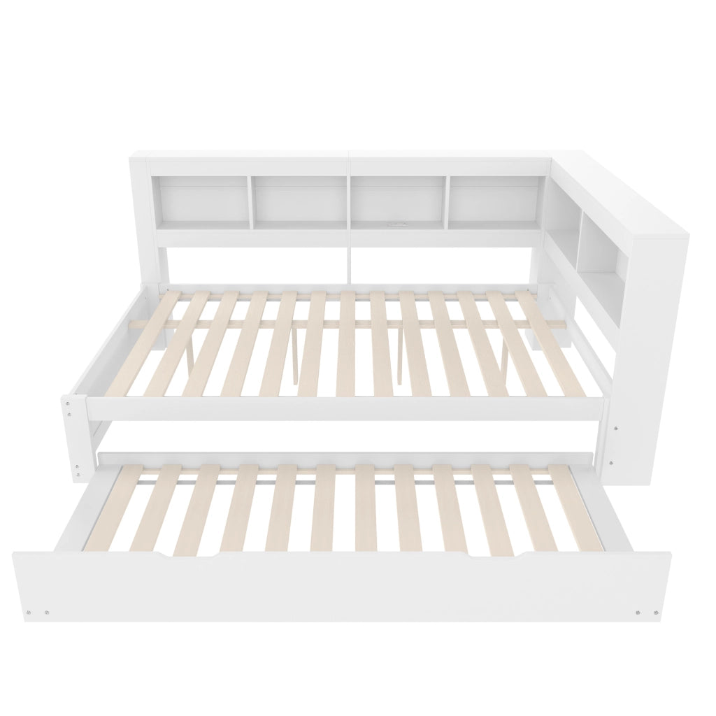 Divano letto 219x167x90 cm con letto estraibile, 2 cassetti e 2 porte USB in legno bianco