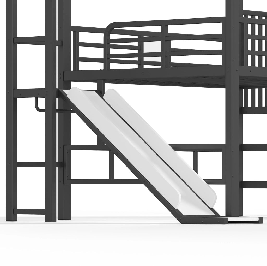 Letto a soppalco per bambini a casetta nero con scivolo e scala