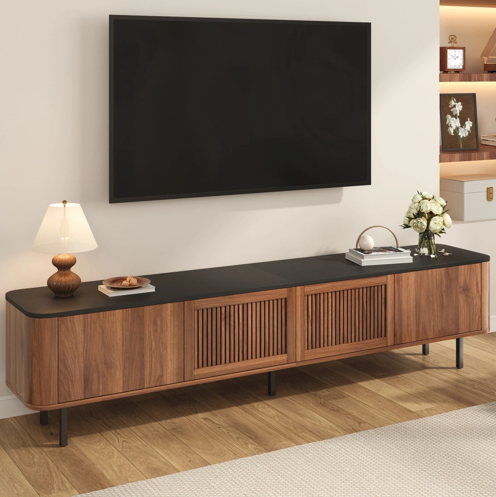 Mobile TV con contenitore 190x35x45 cm in MDF noce e nero, ante traforate
