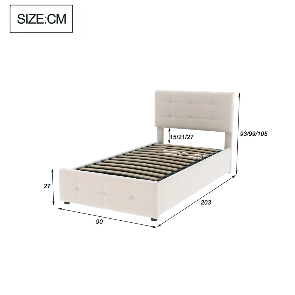 Letto singolo imbottito per bambini 90 × 200 cm con contenitore idraulico testiera regolabile velluto beige