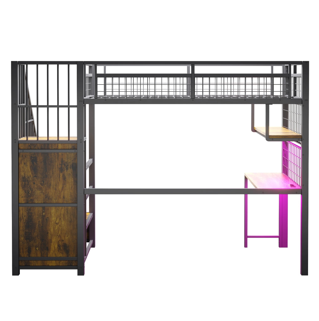 Letto a soppalco 90x200 cm con scrivania, LED e prese in MDF e metallo nero