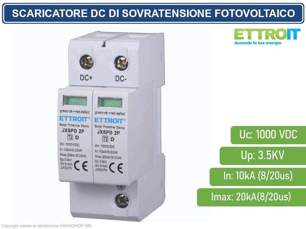 ETTROIT - SCARICATORE DI SOVRATENSIONE FOTOVOLTAICO TIPO 2 T2 D 2P DC 1000V 3.5KV 10KA OCCUPA 2 MODULI DIN