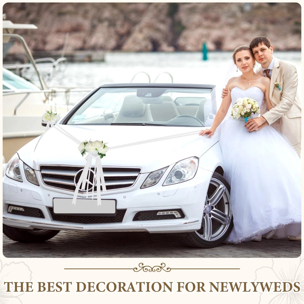 Set per decorare l'auto per il matrimonio, composto da 3 rose, nastri e fiocchi