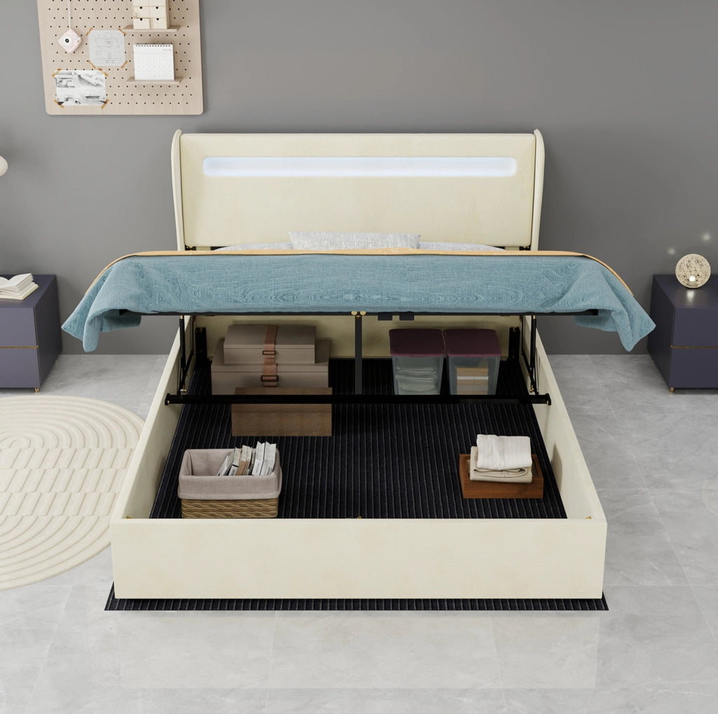 Letto matrimoniale 140x200 cm con testiera regolabile e LED, in tessuto e metallo, beige