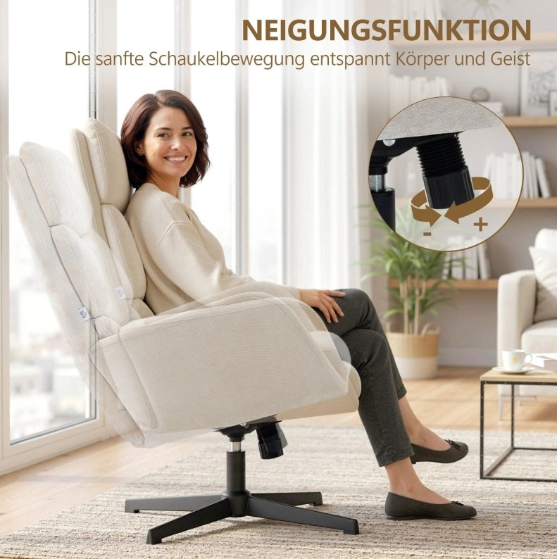 Poltrona relax beige con poggiapiedi, schienale alto e base in metallo