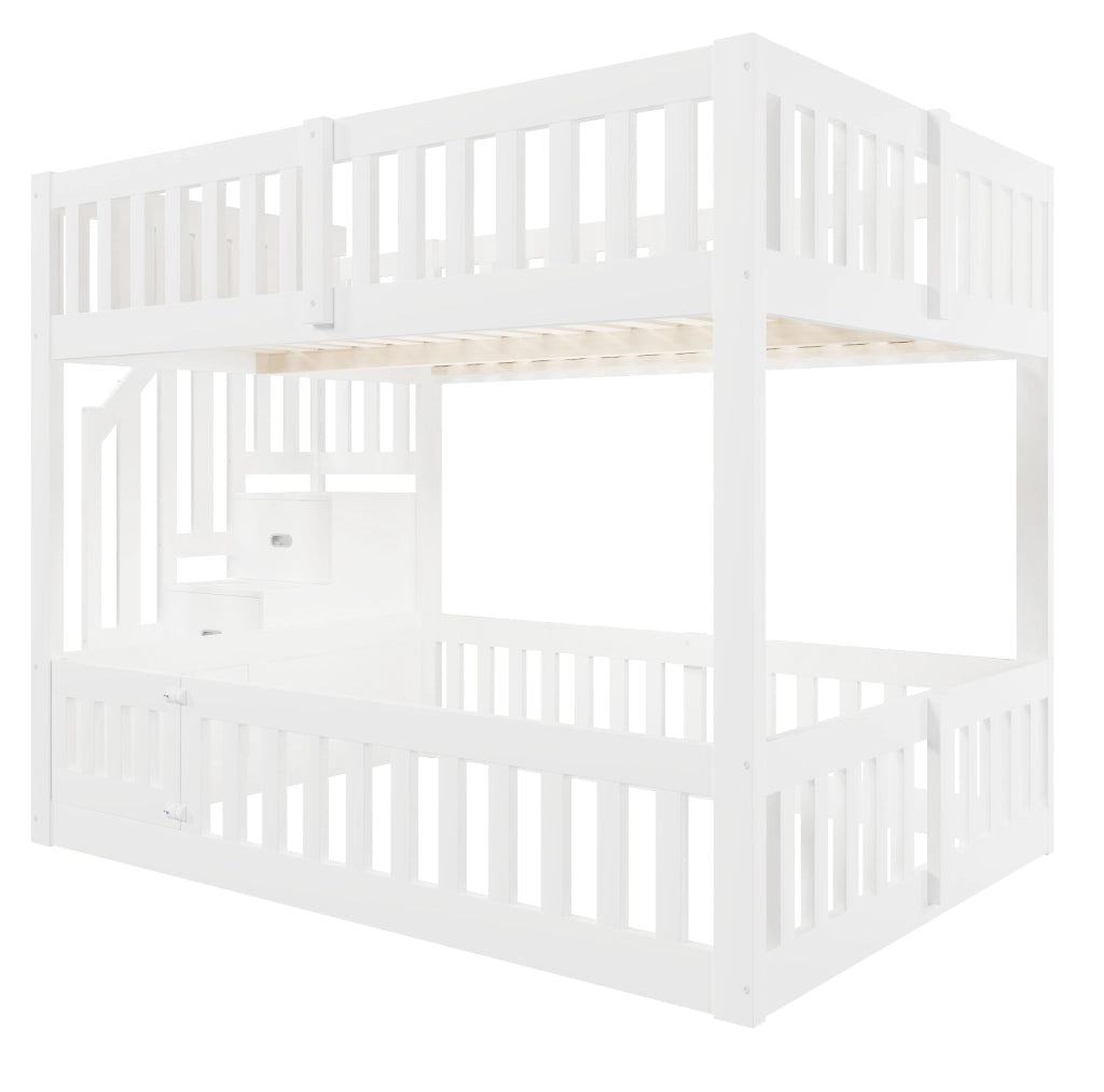 Letto a castello 140x200 cm in legno massello con scala e spazio contenitivo, bianco
