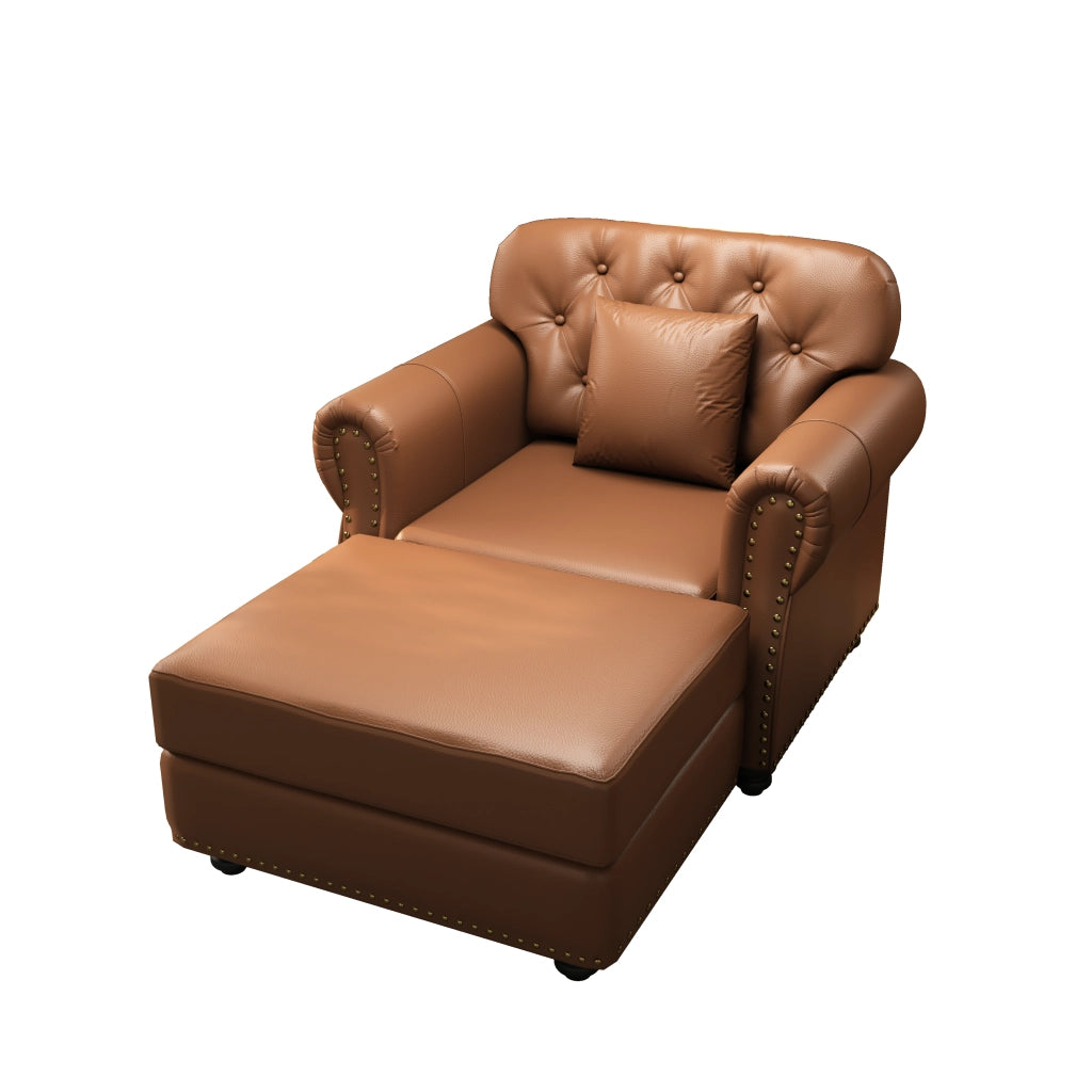 Poltrona Chesterfield 105x76x86 cm con pouf e molle insacchettate in similpelle marrone