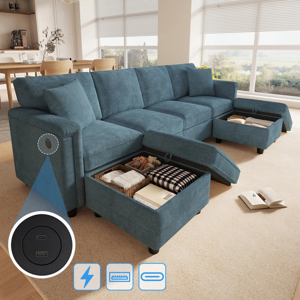 Divano modulare blu in ciniglia con due pouf contenitori