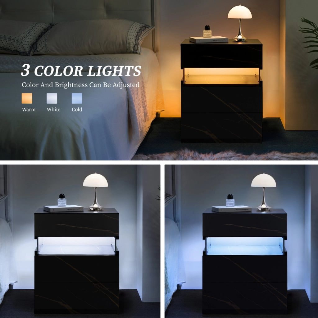 Comodino LED con 3 Cassetti e Pannello Acrilico, Tavolino da Camera da Letto Nero e Oro