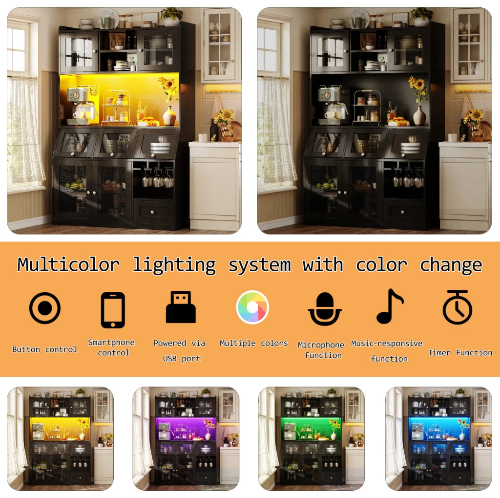 Mobile da cucina 120x40x181;7 cm con LED multicolore; USB e ripiani regolabili; MDF e metallo; nero