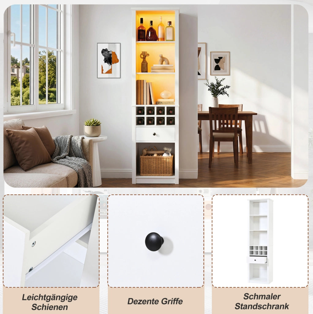 Mobile portavino aperto bianco con illuminazione e cassetto, 55 × 40 × 200 cm