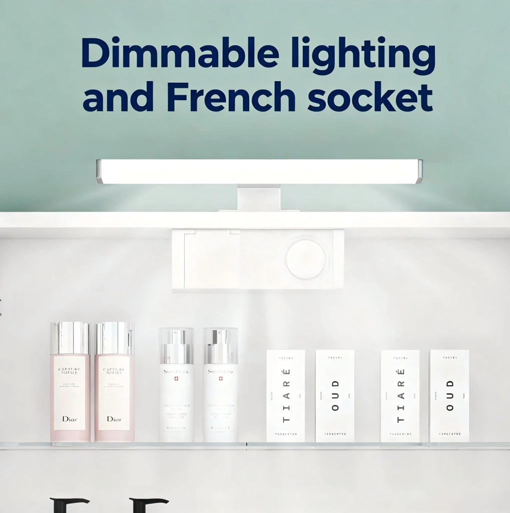 Mobile bagno bianco 80 cm con 3 ante, illuminazione LED, ripiani in vetro regolabili e presa francese integrata