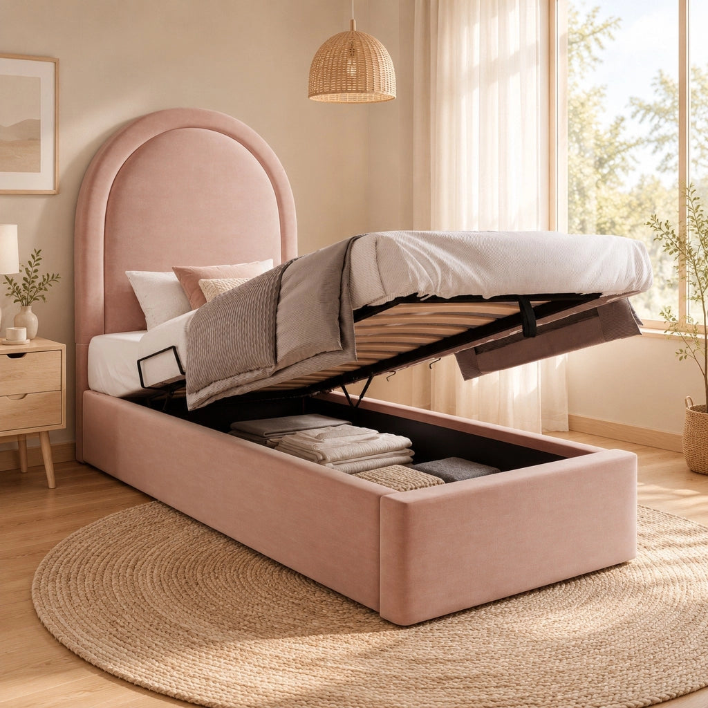 Letto singolo imbottito rosa 90x190 cm con contenitore e materasso