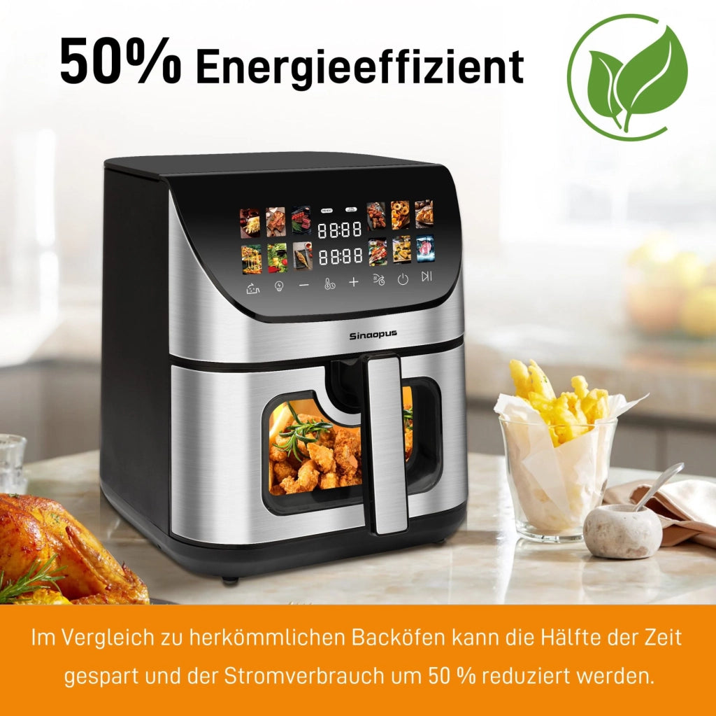 Friggitrice ad aria calda XXL 8,5 L nera con oblò, display a colori, 12 programmi