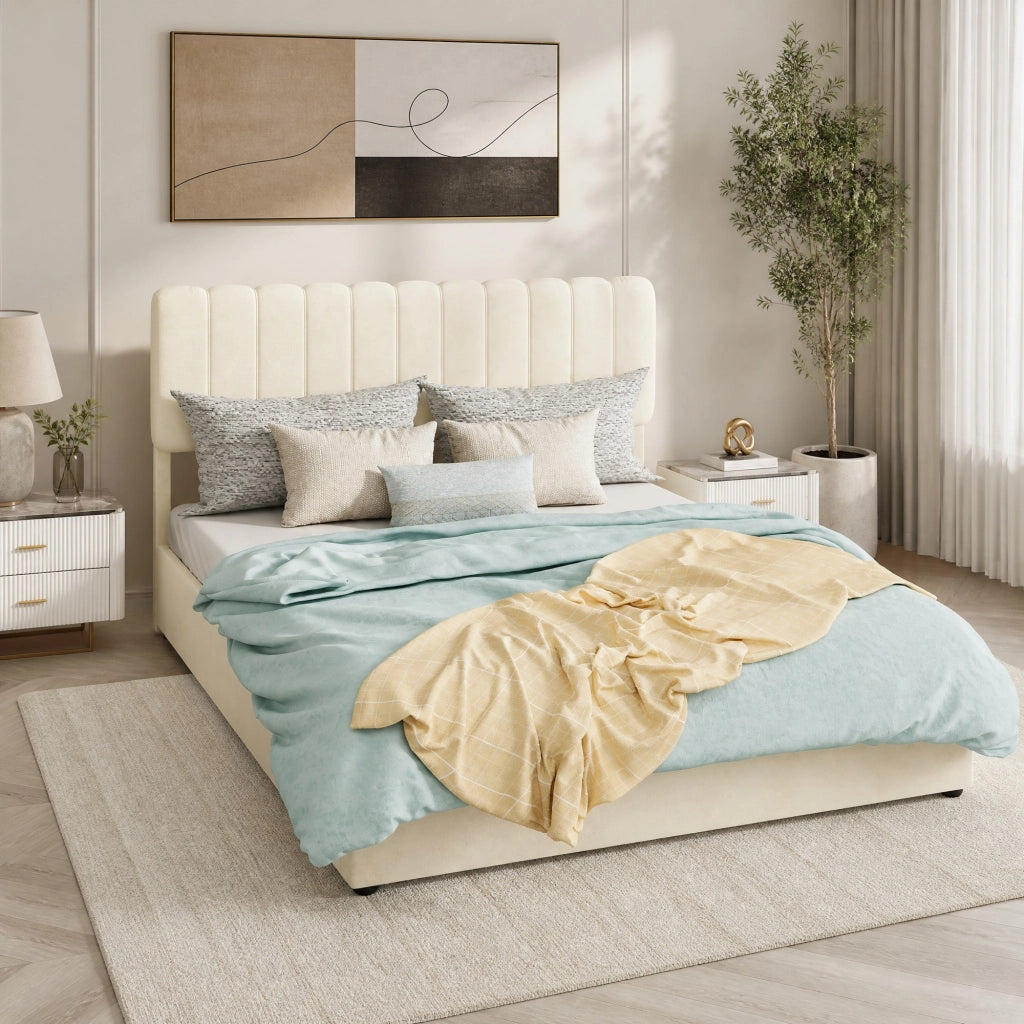 Letto matrimoniale a piattaforma 140 × 200 cm in tessuto beige con metallo design moderno e raffinato