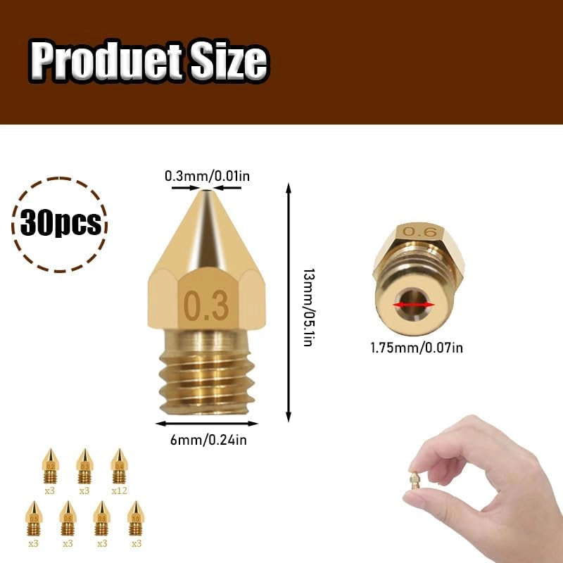 Set di 30 ugelli in ottone, da 0,2 a 1,0 mm, per stampanti 3D