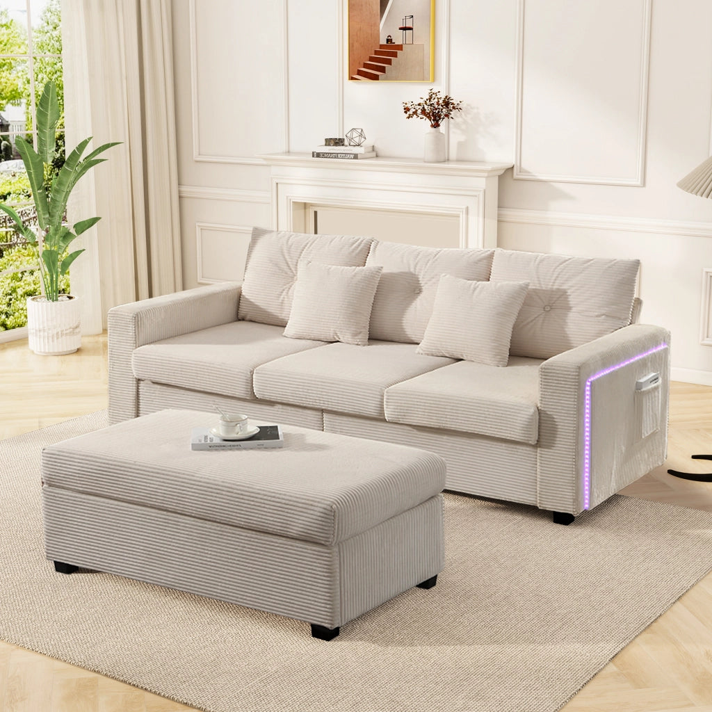 Divano 3 posti con pouf 98x51 cm e LED controllabili tramite app; modulare a L; velluto a coste beige