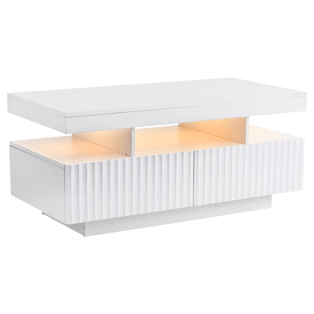 Tavolino da salotto bianco con due cassetti e illuminazione integrata