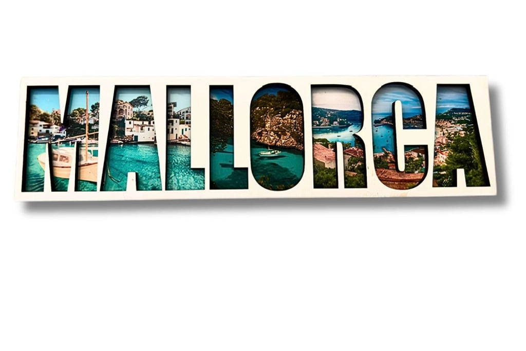 Magnete per frigorifero in legno con motivo di Mallorca, dimensioni 15 x 4 x 0,4 cm