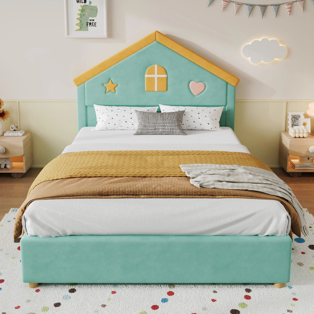 Letto imbottito 140 x 200 cm verde blu con 4 cassetti
