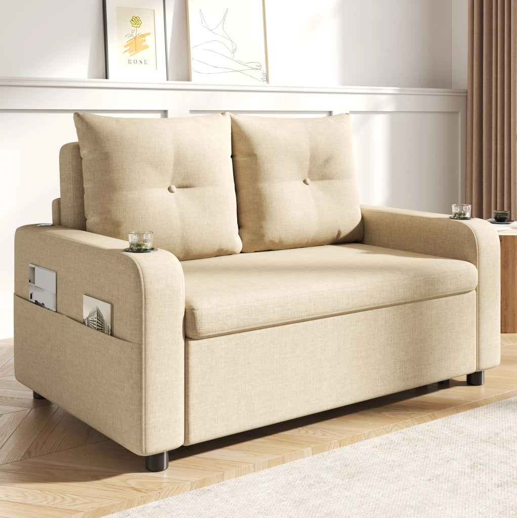 Divano letto 3 in 1 a 2 posti beige con USB e portabicchieri