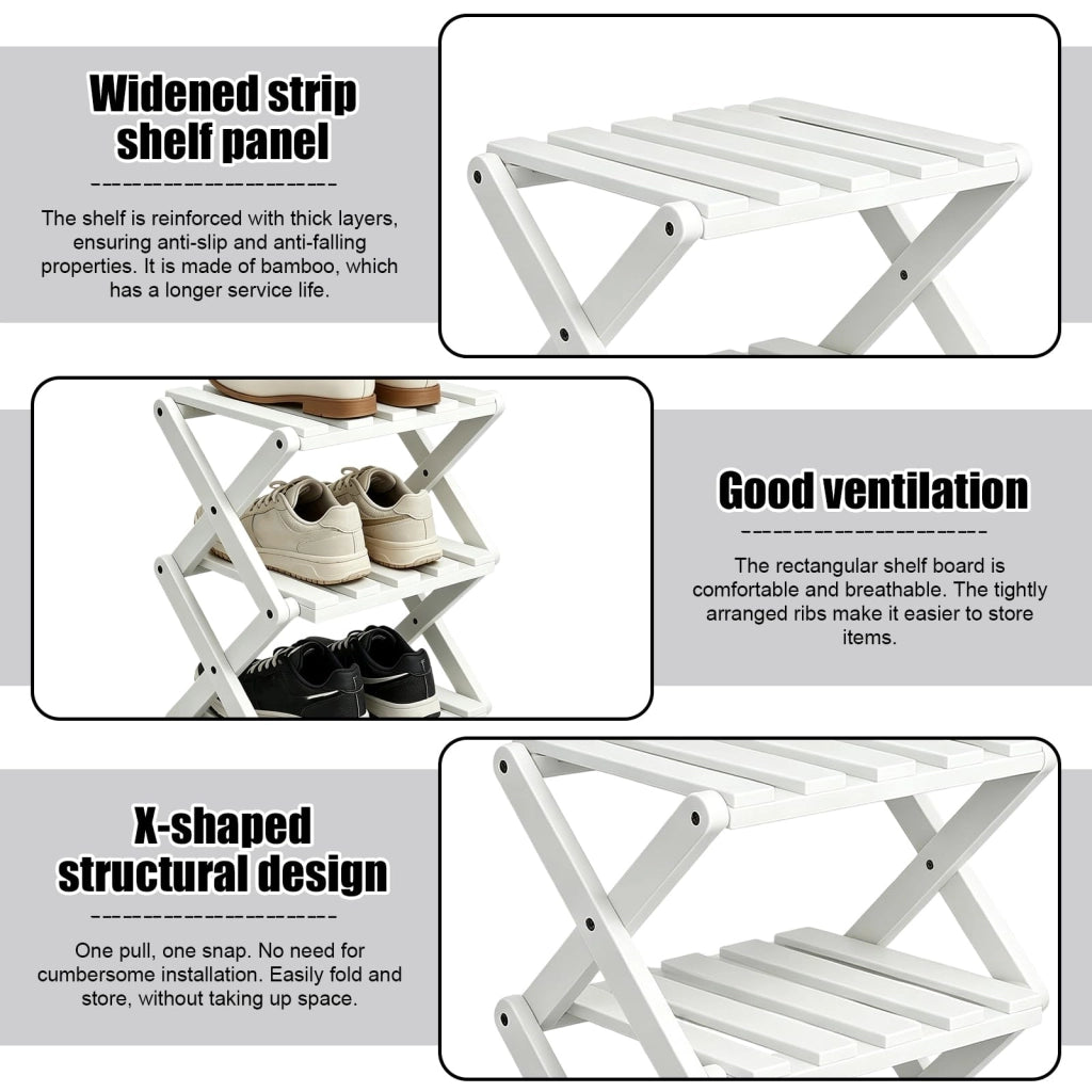 Scaffale pieghevole per scarpe, a 3 ripiani, 30 cm, salvaspazio, bianco