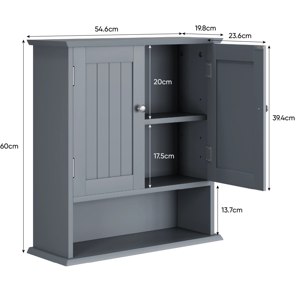 Mobile bagno da parete in MDF con 2 ante e ripiani regolabili, grigio, 54,6x19,8x60 cm