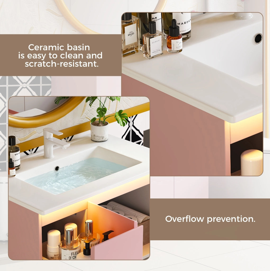 Mobile da bagno in MDF rosa 76x47x89 cm con lavabo in ceramica integrato e luce LED sensore radar