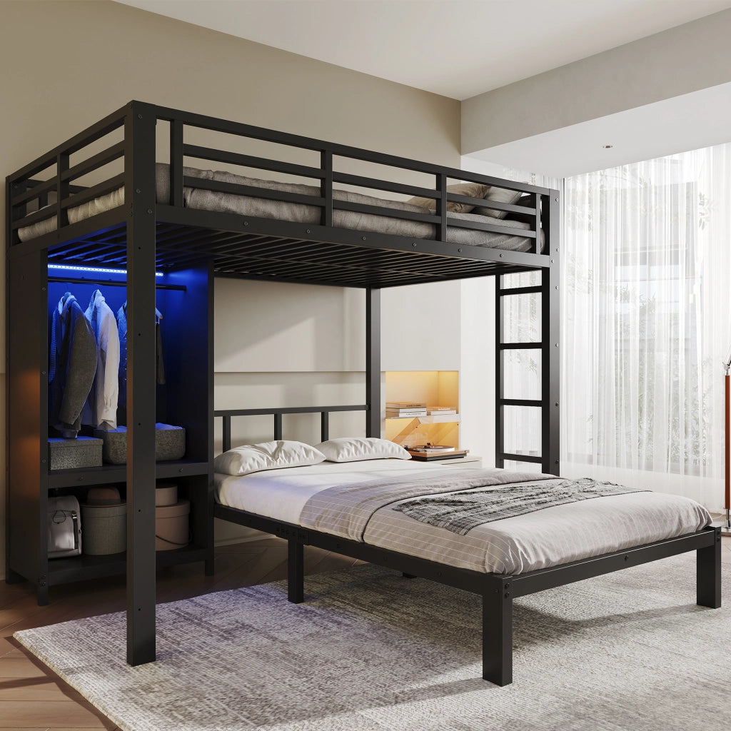 Letto a castello in metallo nero 120 x 200 cm con armadio integrato e luce LED per cameretta