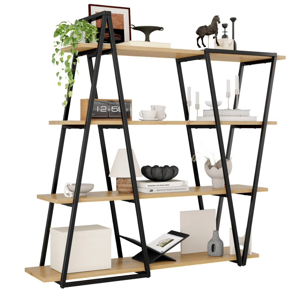 Libreria aperta geometrica 158x35x166 cm in MDF nero e legno, 4 ripiani
