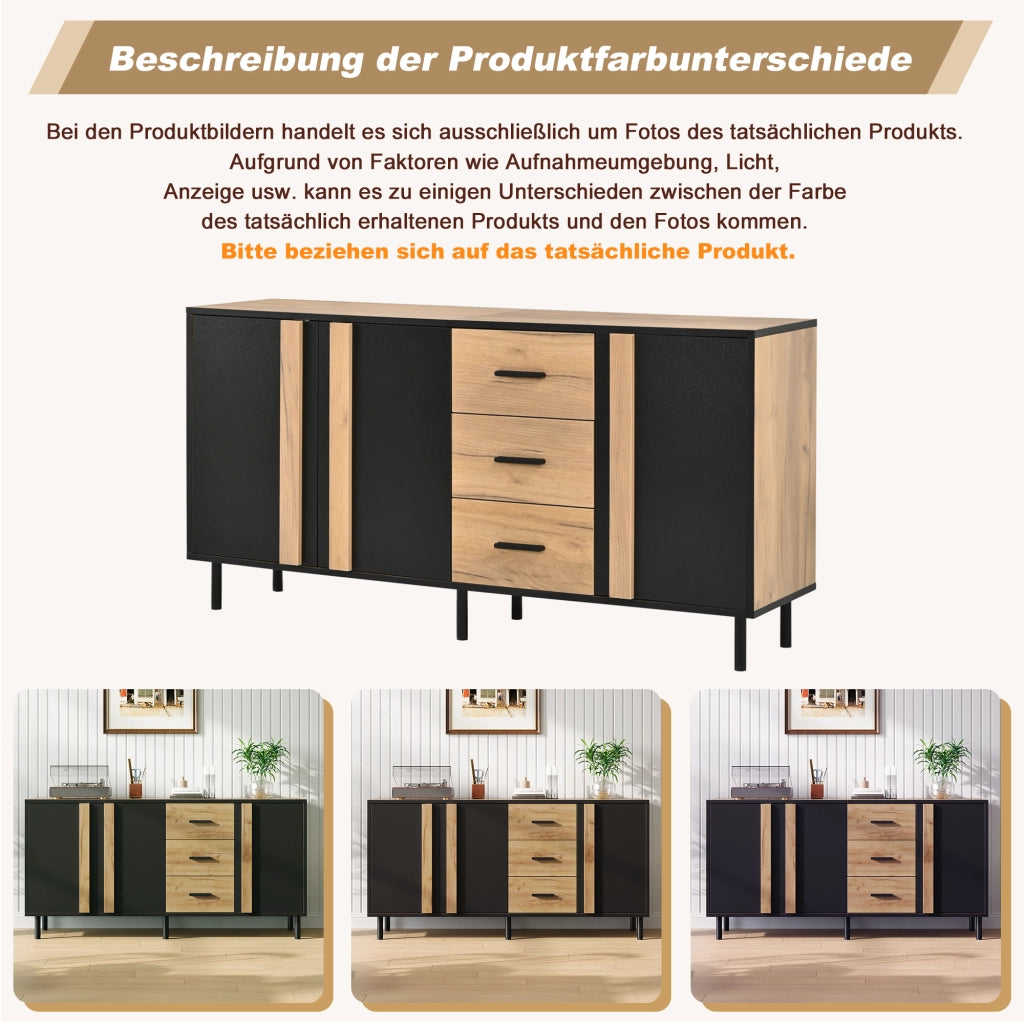 Credenza 140 × 35 × 70 cm con 3 ante e 3 cassetti in MDF nero e effetto legno con 6 gambe in metallo moderne