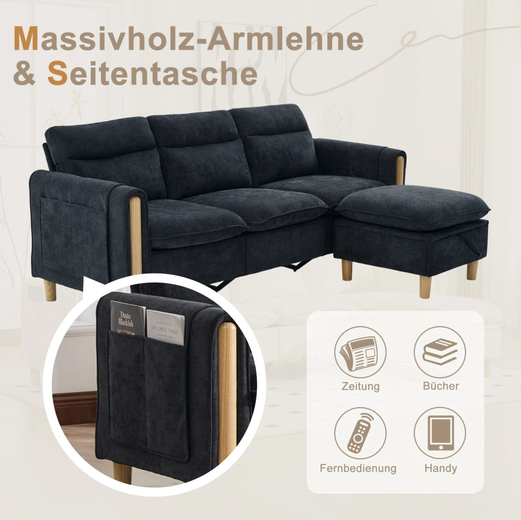 DIVANO 3 posti a L con pouf contenitore 201x77x86 cm in ciniglia nera