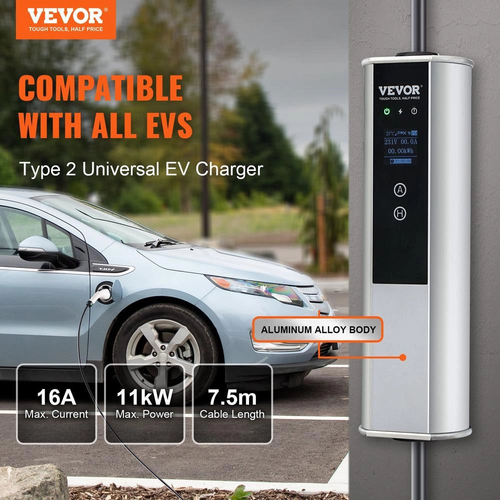 Caricabatterie EV Portatile Tipo 2 IEC 62196 16A 3,68kW CEE 16 Cavo TPU 7,5m IP66 con Schermo LCD per Veicoli Elettrici