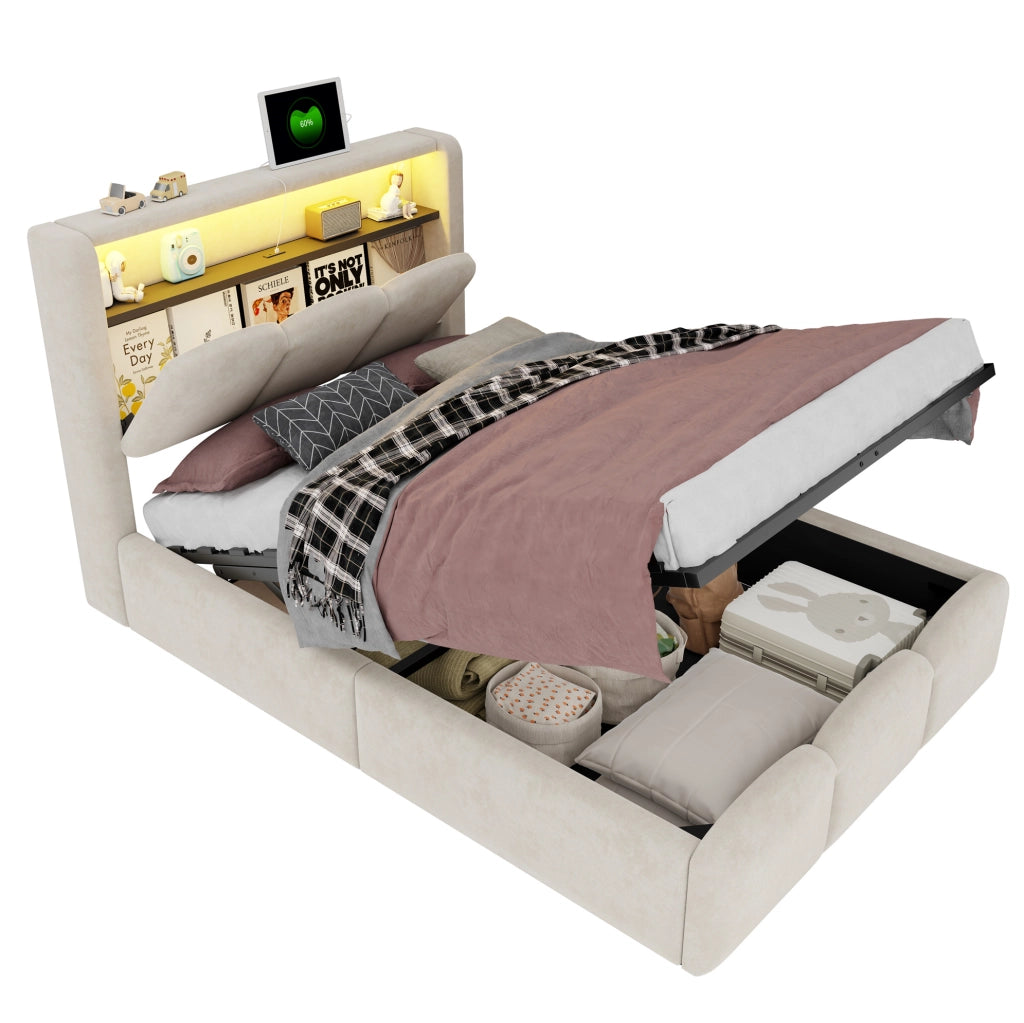 Letto singolo imbottito IVMEU 90x200 cm con contenitore idraulico, LED e prese USB e Type-C, velluto beige