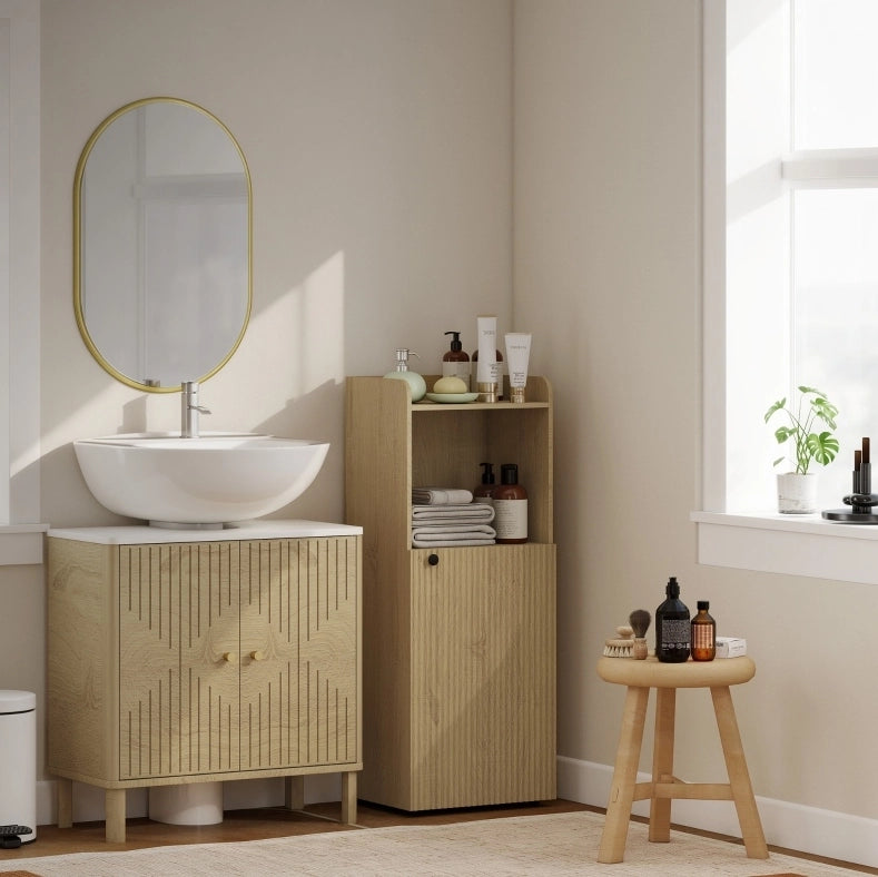 Mobiletto da bagno con anta, ripiano regolabile e scaffale aperto, 40x31x104 cm, rovere giallo