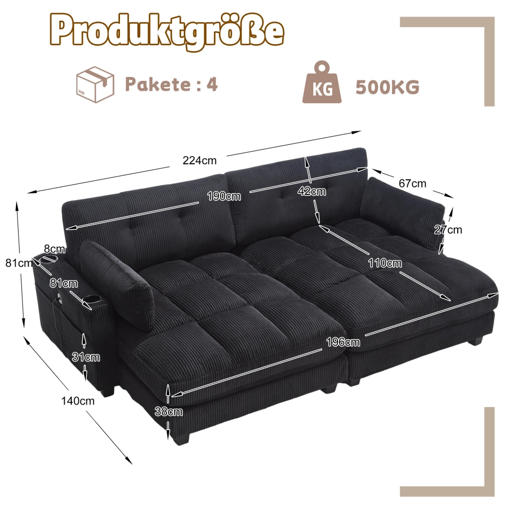 Divano 2 posti 224x140x81 cm in corduroy nero, modulare con USB e portabicchieri