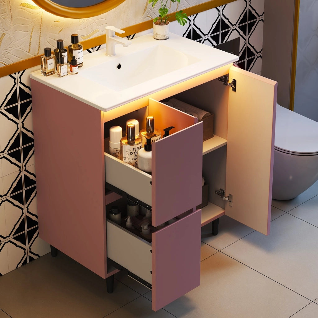 Mobile lavabo da bagno rosa con sensore luminoso, 76 × 47 × 89 cm
