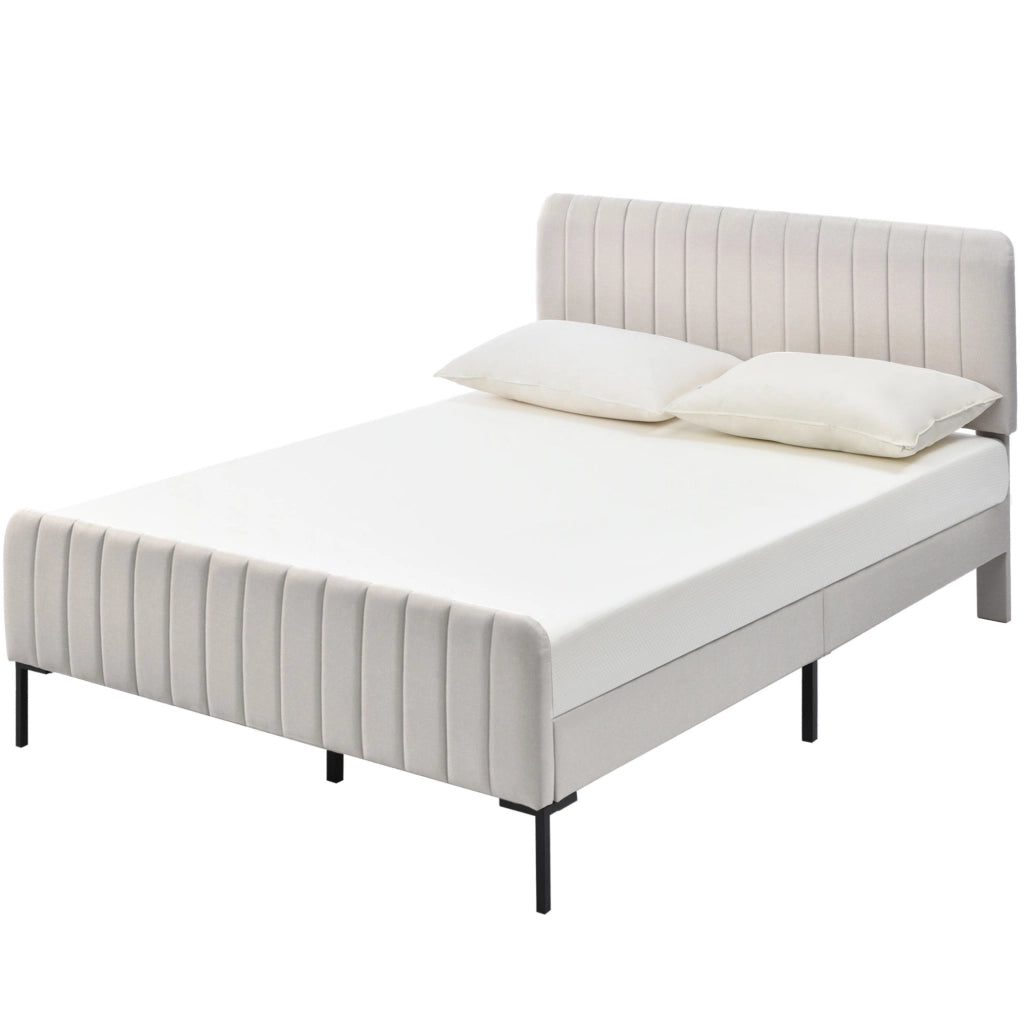 Letto matrimoniale imbottito 180x200 cm con rete a doghe e testiera regolabile in lino grigio-beige
