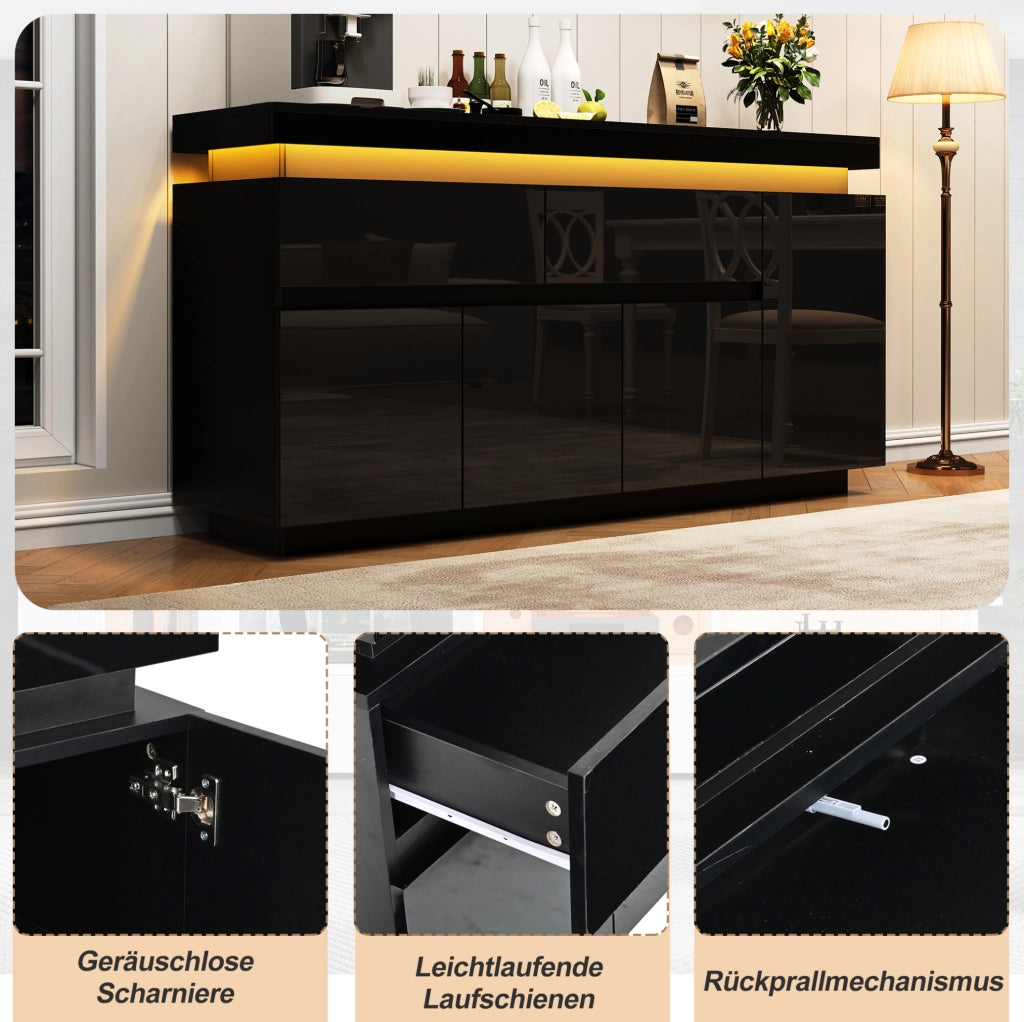Credenza nera lucida 140 x 35 x 72,5 cm con illuminazione a LED