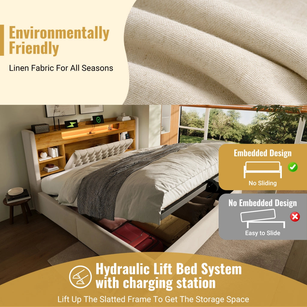 Letto singolo 90 × 200 cm con contenitore idraulico LED USB Type C in lino beige con testiera a ripiani