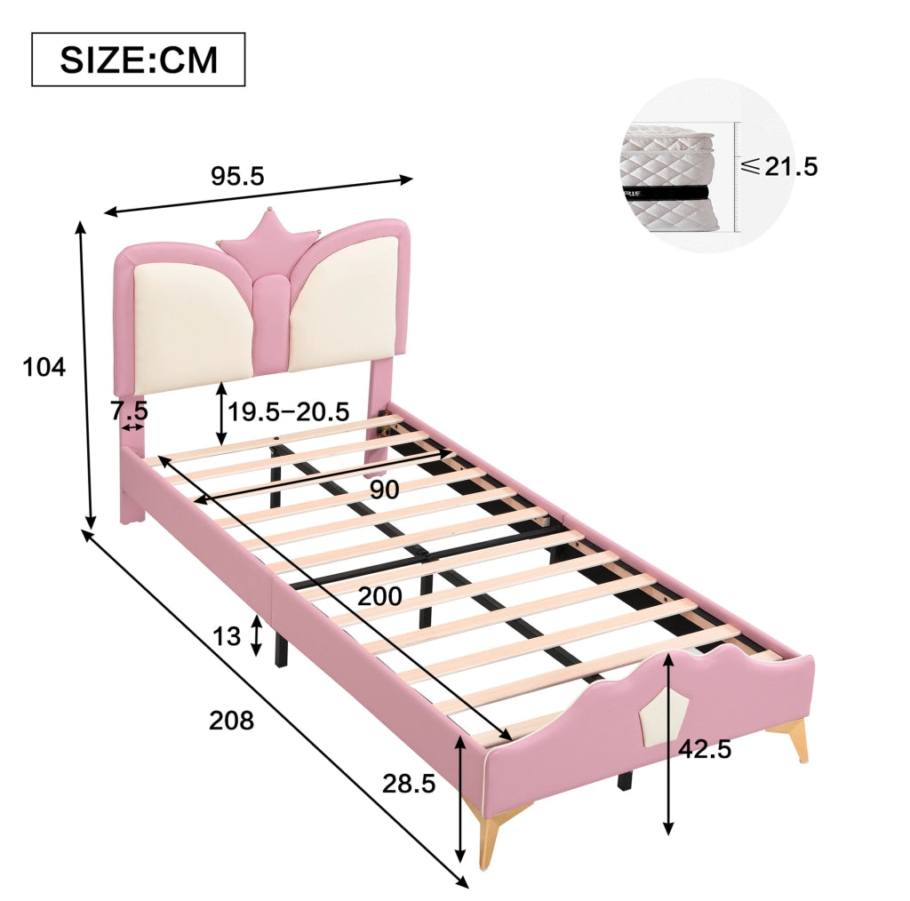 Letto singolo imbottito per bambini 90x200 cm con testiera a corona in PU rosa e bianco