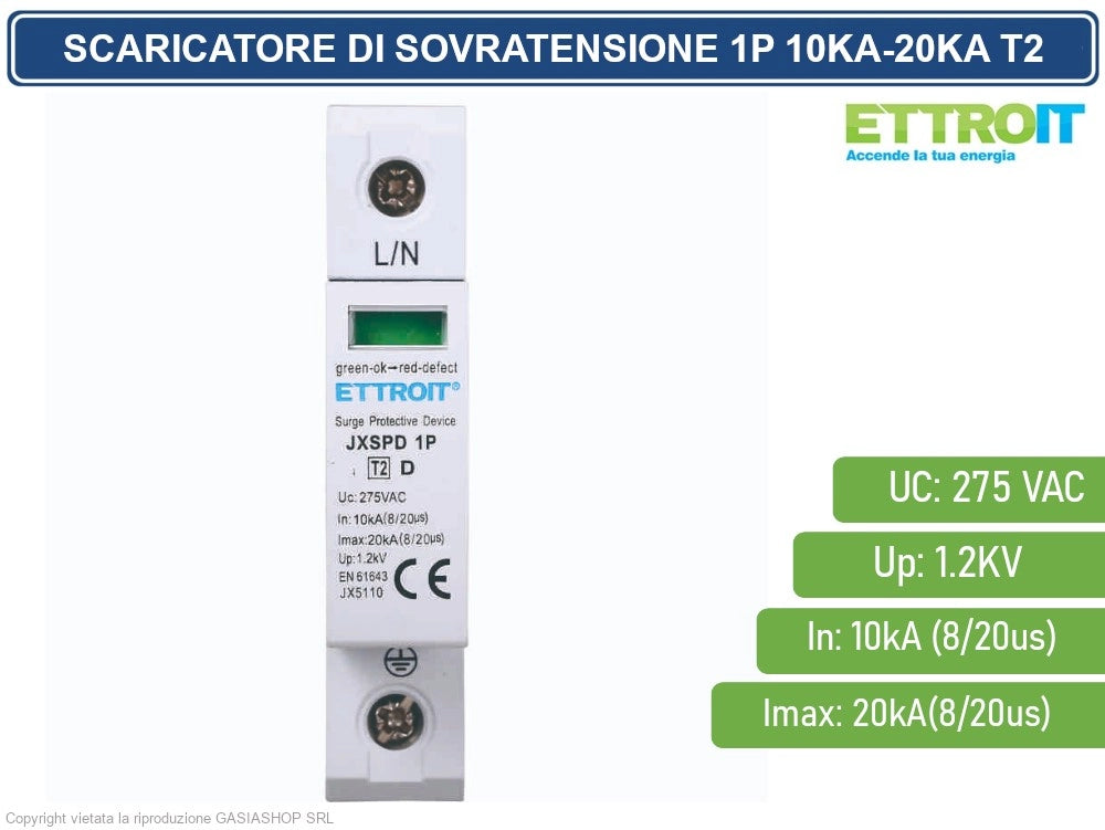 ETTROIT SCARICATORE LIMITATORE DI SOVRATENSIONE 1 MODULO TIPO T2 1P 10KA-20KA SPD A LIMITAZIONE PER BARRA DIN