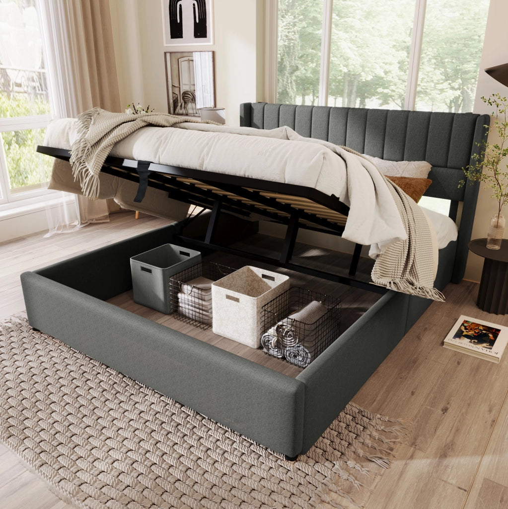 Letto contenitore matrimoniale idraulico 140 × 200 cm in lino grigio
