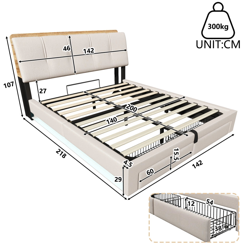 Letto contenitore imbottito 140x200 beige in lino con LED e USB-C, materasso incluso