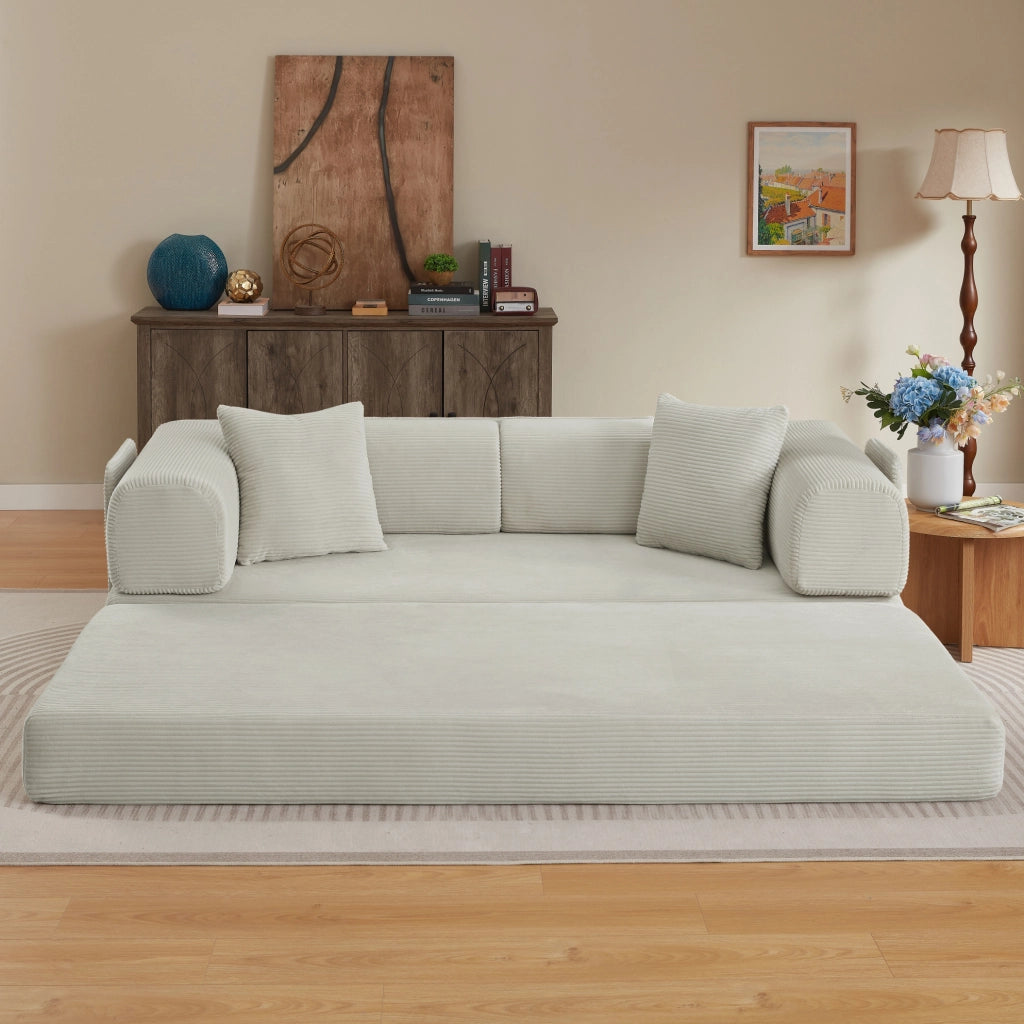 Divano letto pieghevole beige in schiuma con rivestimento in velluto a coste