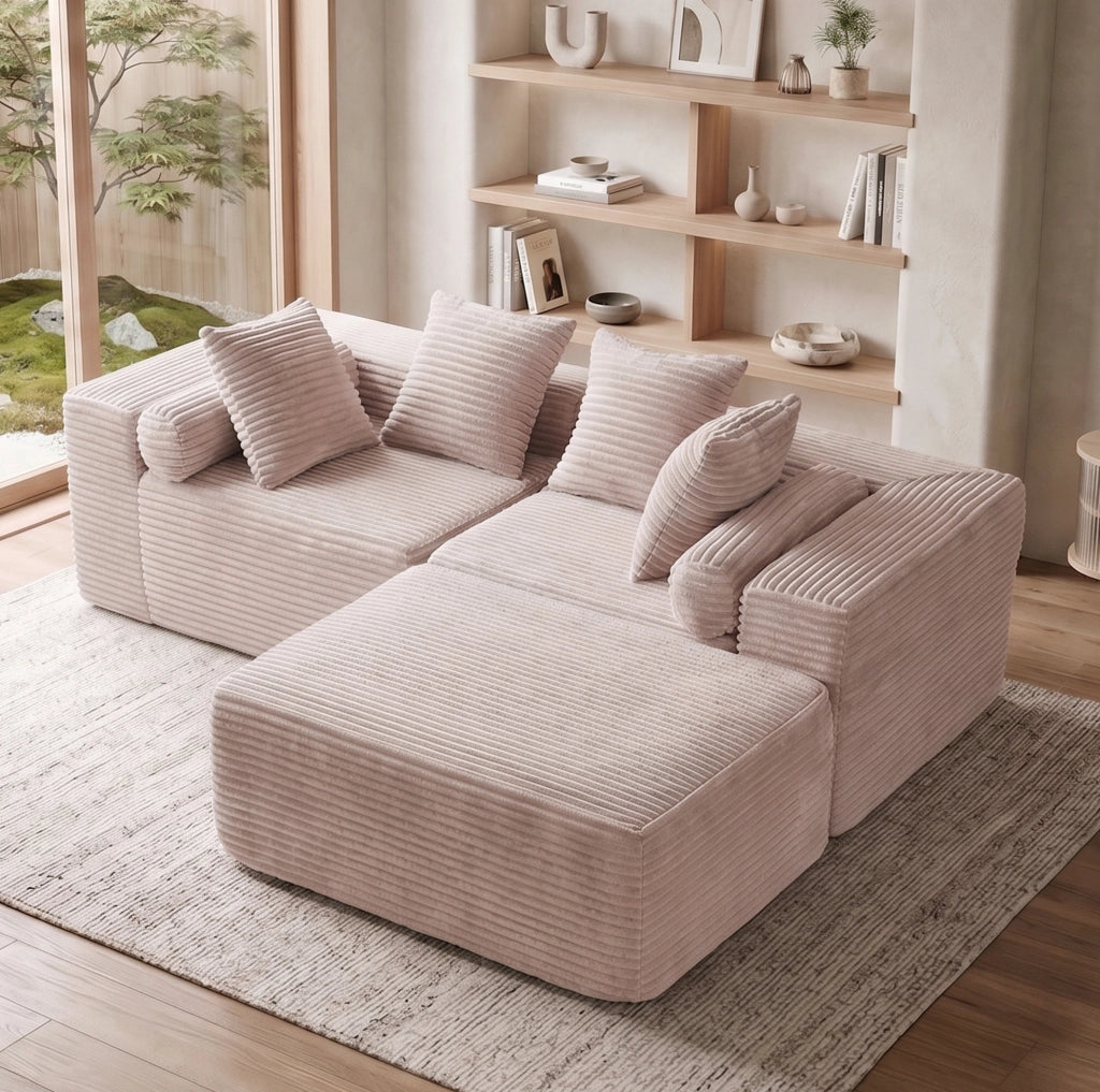 Divano componibile a 3 moduli con chaise longue beige