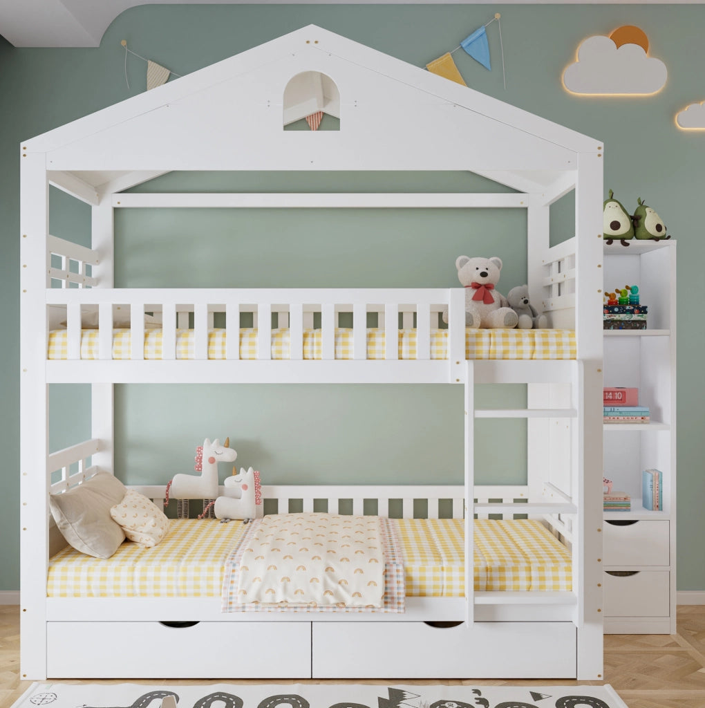 Letto a castello a casetta 90x200 cm bianco con contenitore