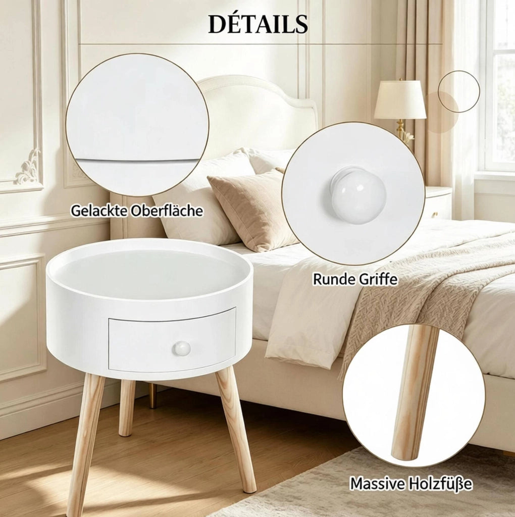 Comodino rotondo con cassetto in legno chiaro e bianco