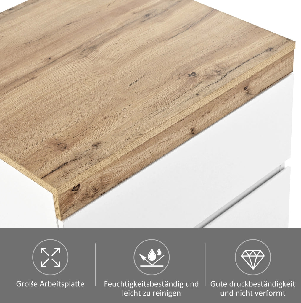 Comodino con due cassetti in truciolato E1 bianco e effetto quercia per camera da letto